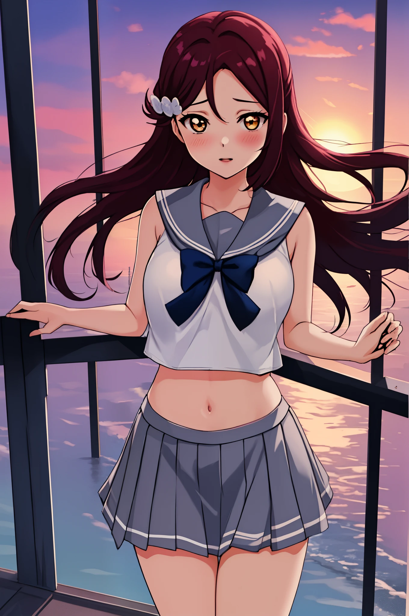 Masterpiece,best quality,Solo, cowboy shot,Sakurauchi riko, long hair, blush,love scene, skirt, sleeveless, pleated skirt, standing, serafuku, grey skirt, uranohoshi ,navel,thicc thighs ,sea in background, sunset time , floating skirt