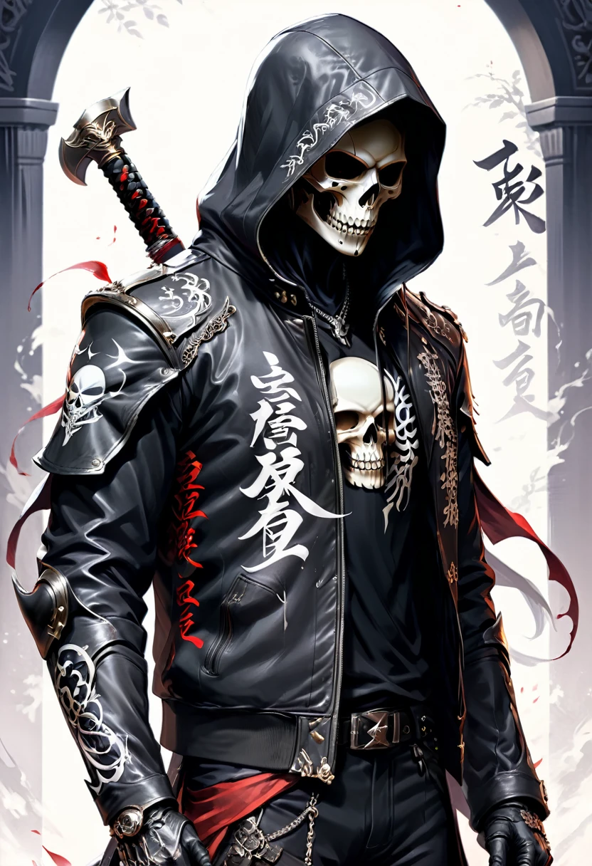 Black Grim Reaper, assassinkahb style, an assassin wearing a motorcycle jacket with japanese writing on the back, (masterpiece, best quality, Professional, perfect composition, very aesthetic, absurdres, ultra-detailed, intricate details:1.3)
