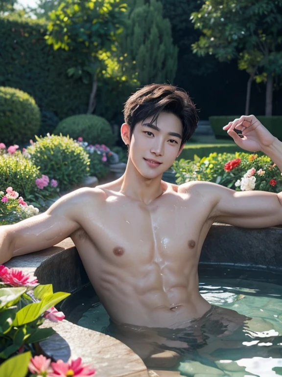 a naked man, A garden with lots of flowers、In the fountain、Wet Skin、Completely naked、smile、Beckoning over here、blue sky、 shirtless , realistic handsome Korean face , modest muscles , masterpiece、A high resolution、hyperrealism、detailed face、solo、a men、glowing skin、(Asian)、(young、ager)、Handsome、detailed background