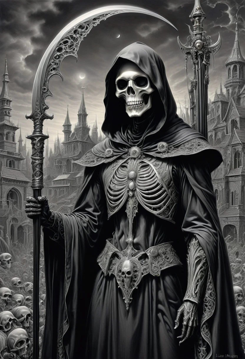 Black Grim Reaper, by Laurie Lipton, best quality, masterpiece, very aesthetic, perfect composition, intricate details, ultra-detailed