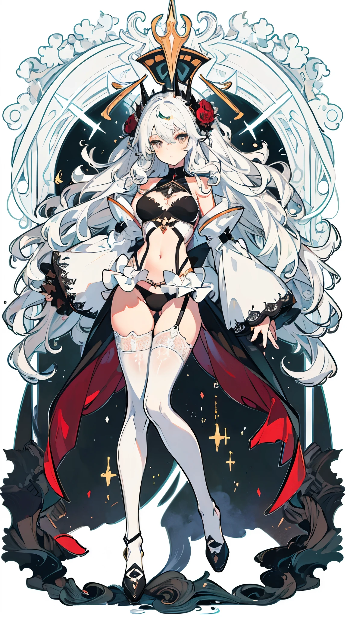 ((masterpiece, best quality)), Detailed face,Dragon Girl,Full body painting,Perfect body proportions,Long legs,((Long wavy hair)), ((Half of her hair is white,The other half is black,Divided into two colors)),beautiful eyes,Fantasy style,White background,extremely beautiful,knight,rose,transparent,Sex bikini,Lace,Garter stockings,exposed
