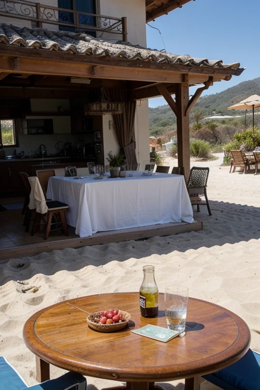 Beautiful villa on the beach with a table that has money on it put 100 thousand dollars on the table