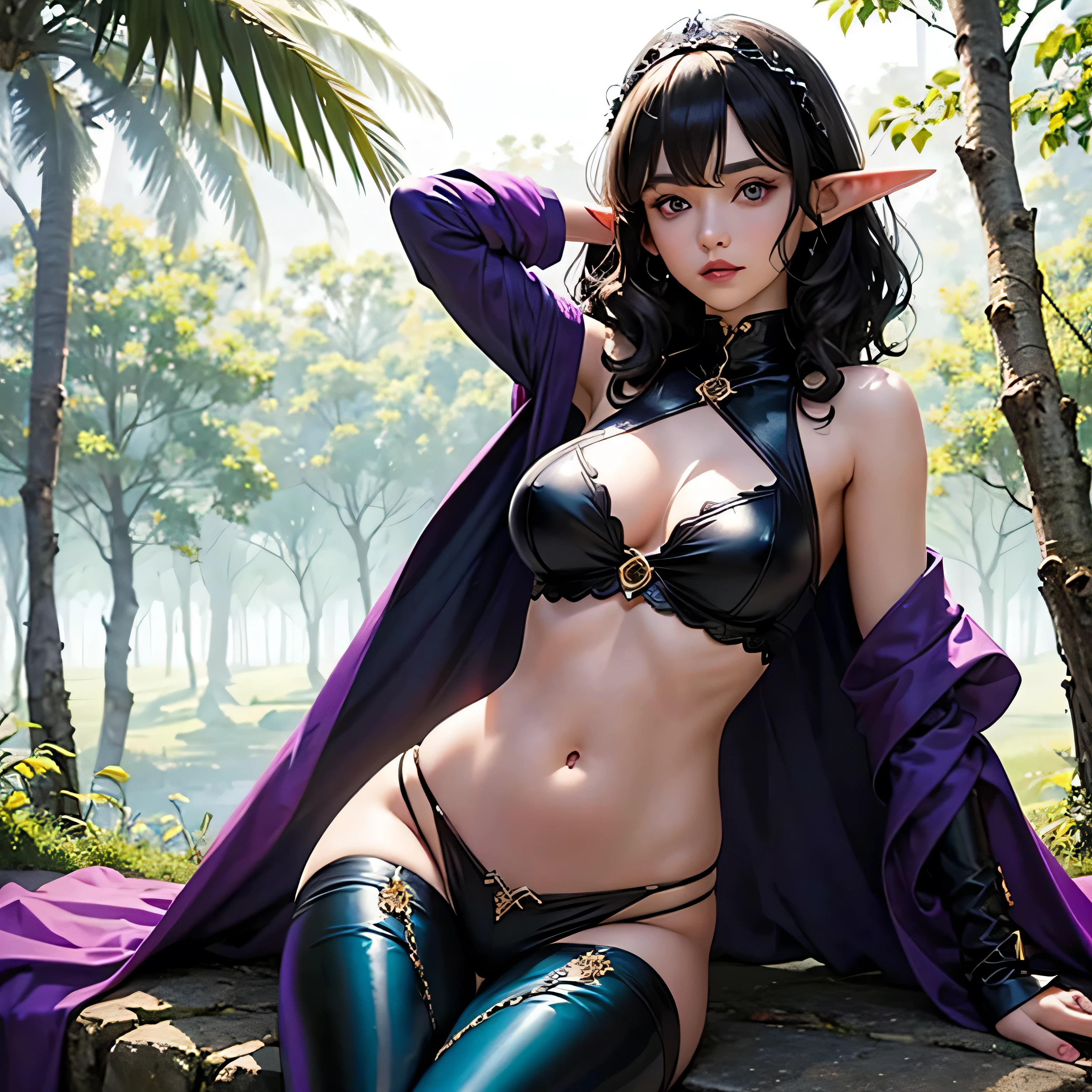 Elf, elf ears, 20s, purple eyes, curly black hair, magician outfit showing pelvis and belly, sunny forest