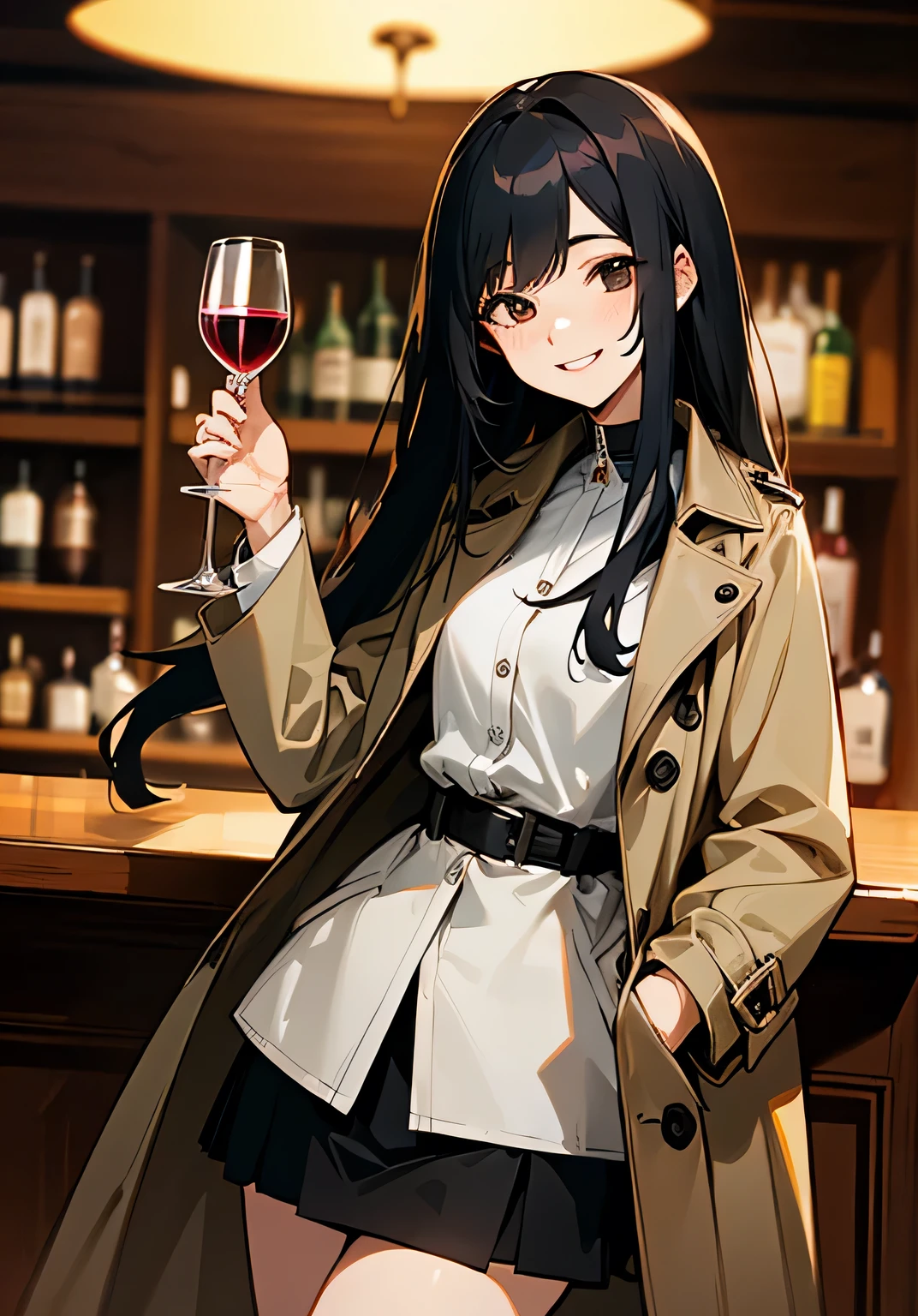 {best quality}、bar、bar counter、smiling at me、With a wine glass in one hand、Long black hair、24Old woman、Fearless smile、openmouth、smile、trench coat、short-skirt、cowboy shot