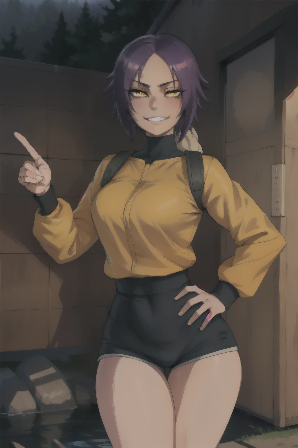 (masterpiece, Best quality:1.2), One, 1 Girl, Shihouin Yoruichi, grin, I look at the viewer, hands on hips, tail, Realistic eyes, Best quality, closed mouth, Beautiful lighting, Cinematic, 8K, facial treatment, Wet face, liner, Wooden walls, middle , yellow sweatshirt, short shorts, wide hips, yellow eyes, erotica