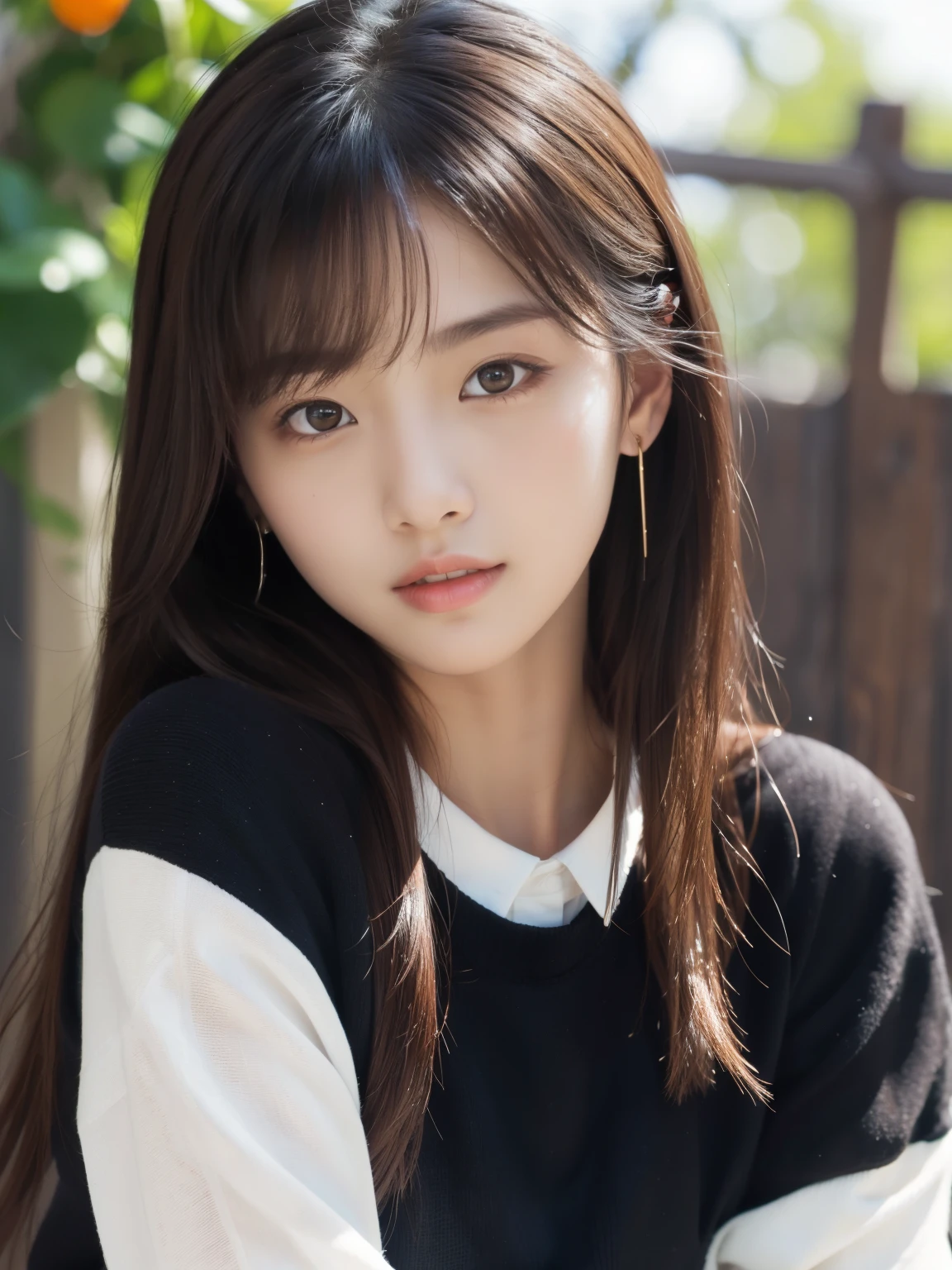 masterpiece, best quality, ultra-detailed, (17 years old), intricately detailed hyperdetailed, realistic, sharp features, highly detailed, sharp focus, perfect face, perfect face, perfect eyes, perfect lips, flexible female form, cinematic light, hyper detailed, hyper realistic, high resolution, vibrant, (Bright Background), (goddess-like happiness), (cheerful), straight Bangs, brown Eyes,black sweater, cowboy shot,