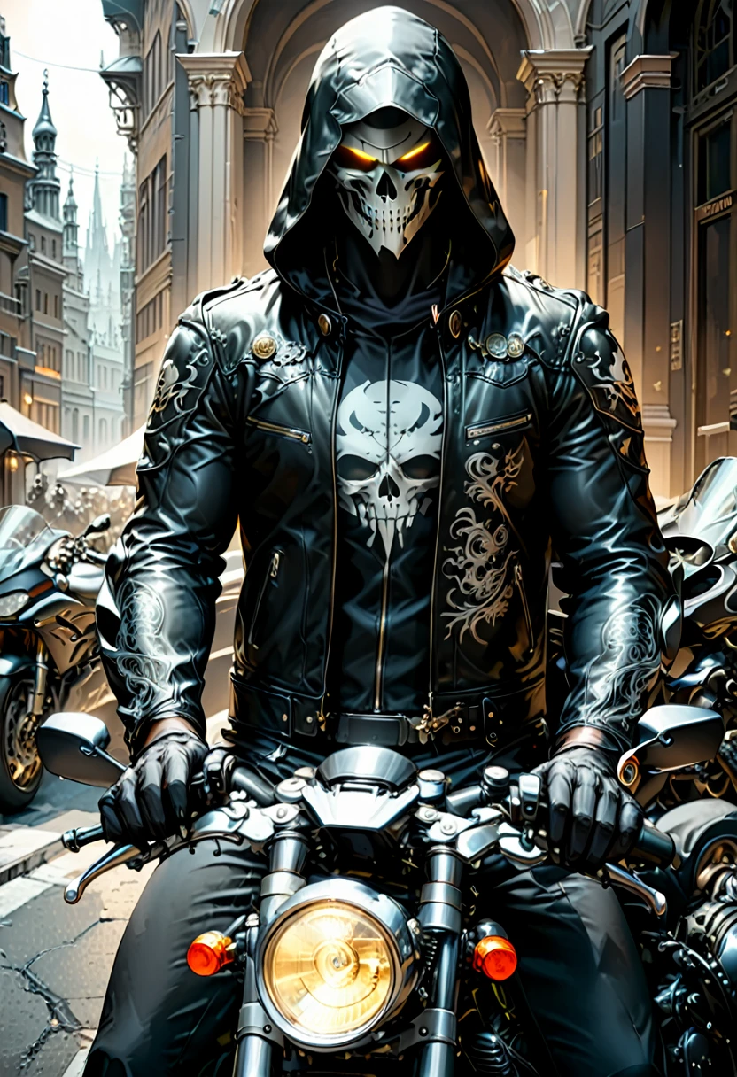 Black Grim Reaper, motorcycle jacket, motorcycle, (masterpiece, best quality, Professional, perfect composition, very aesthetic, absurdres, ultra-detailed, intricate details:1.3)