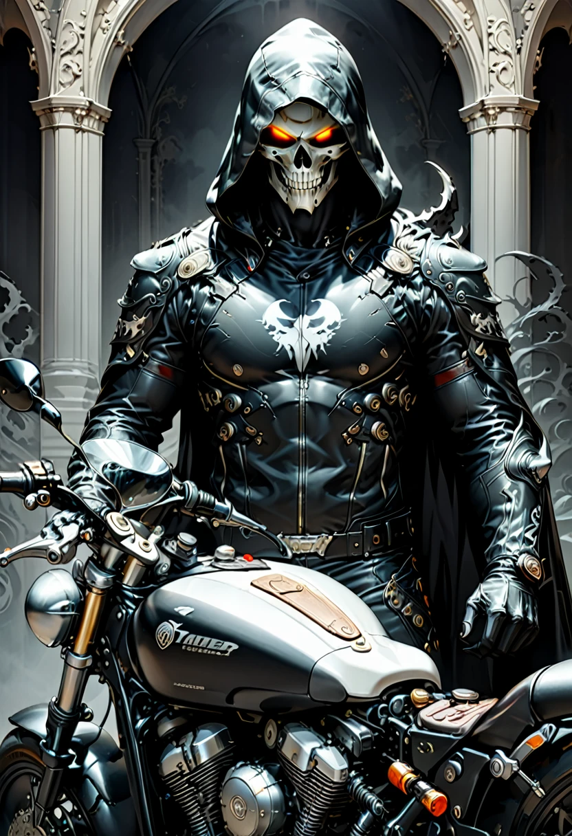 Black Grim Reaper, motorcycle jacket, motorcycle, (masterpiece, best quality, Professional, perfect composition, very aesthetic, absurdres, ultra-detailed, intricate details:1.3)