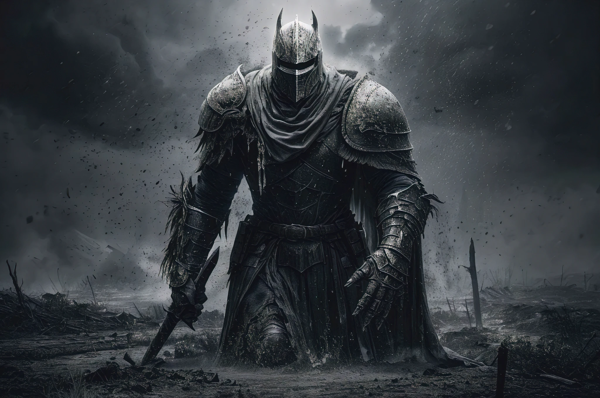 A stunningly realistic and atmospheric piece of Dark Souls artwork set in the Ashes of Ariandel DLC. A dark knight, adorned in heavy armor, can be seen rising from the ashes in the center of the image. The knight's face is concealed by the helmet, and the armor is etched with intricate designs. The background is a gloomy, foggy landscape with ash rain falling, casting a somber mood over the scene. The global illumination technique adds depth and realism to the lighting, enhancing the dark and ominous atmosphere.