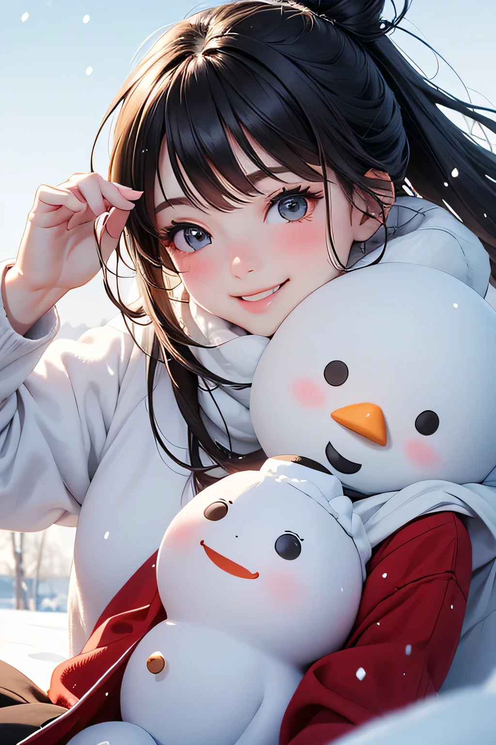highest quality、High resolution、Detailed Background、(Beautiful face in every detail:1.4)、Teenage beauty、Highly detailed face、cute hair color、ponytail、Bobcut、cute hairstyle、well-groomed eyebrows、cute gesture、The girl's facial expressions and behavior、The surrounding snow scenery、Fits in one screen、(Three beautiful girls playing together in the snow:1.4)、
It depicts a girl happily building a snowman in the snow.、
The big snowball the girl was holding、Smiling face、Snowman hats, scarves and other accessories、
It depicts a girl playing in a snowy landscape.、
A girl shovels snow and throws it、
The facial expressions and gestures of someone trying to catch the falling snow、
Depicts a girl having a snowball fight with her friends in the snow.、
The girl is smiling as she makes a snowball, and is in a pose throwing a snowball she is holding. The girl is stretching her hand out as the snow falls, gazing at the snowflakes.、
The girl is curious々The expression on his face and the snowflakes falling on his palm are adorable.、
Depicts a girl sledding in the snow、
A girl is smiling and sitting on a sled、She looks adorable as she glides happily with her hair blowing in the wind and snow falling.、cute