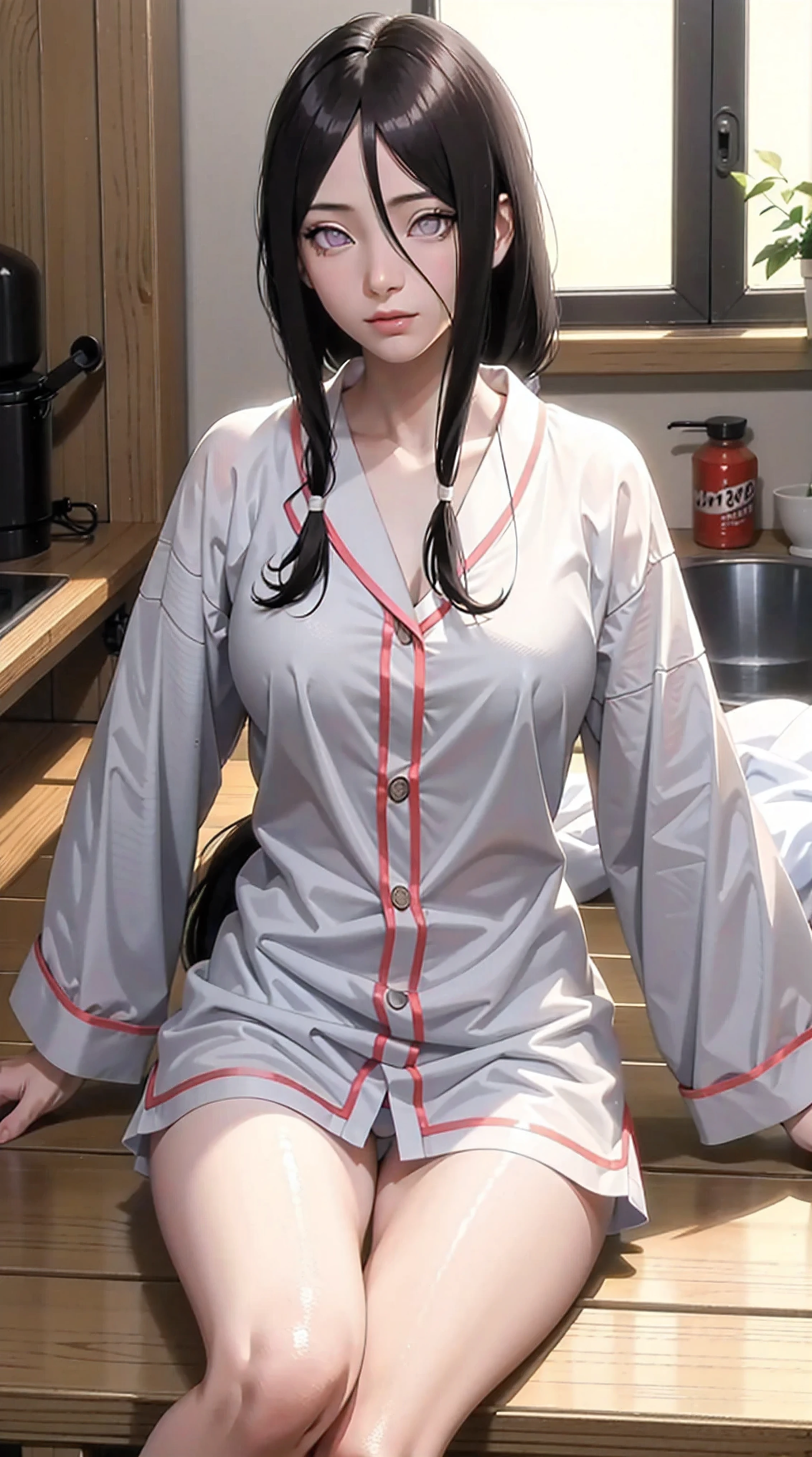 hyuuga hanabi, long hair tied low, hair band, hana purple eyes, beautiful, beautiful woman, perfect body, perfect breasts, wearing white pajamas, sexy pajamas, sleepwear, sitting in the kitchen, clear kitchen, looking at the audience, a slight smile, realism, masterpiece , textured leather, super detail, high detail, high quality, best quality, 1080p, 16k