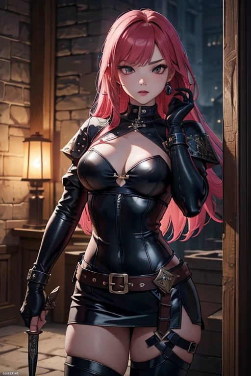 Jennie, BLACKPINK, sexy thief, RPG medieval, stealthy, hot black leather, dual-handed daggers, medieval city, K-pop, mysterious (best quality,4k,8k,highres,masterpiece:1.2), ultra-detailed, realistic:1.37, HDR, studio lighting, concept artists, vivid colors, bokeh, dark and moody lighting