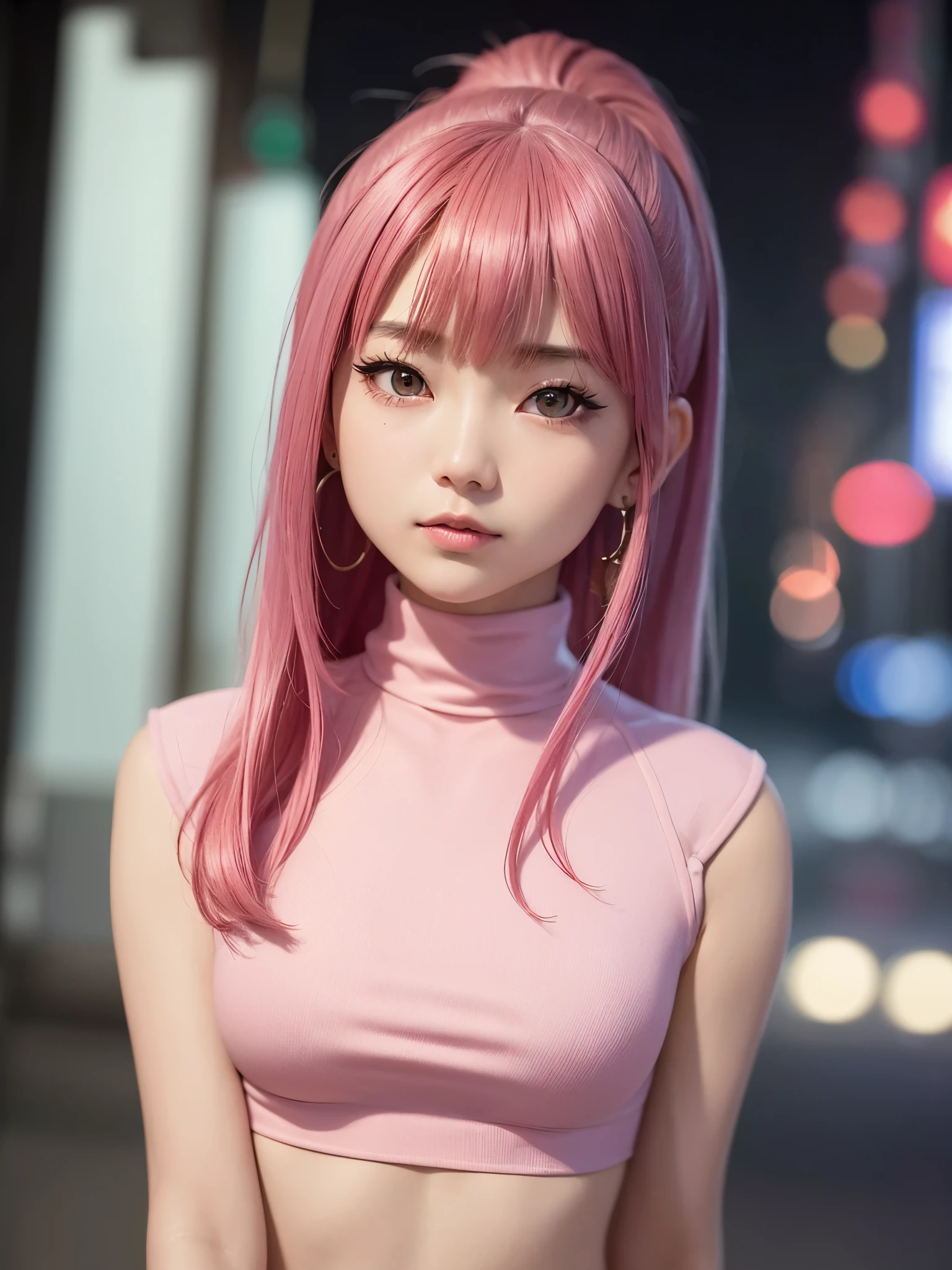 A close-up portrait of a Chinese girl. wearing a fitted turtleneck crop top. Small breasts. Flat chest:1.2. Long pink hair with bangs and ponytail. Earrings. Pink lips.  Sexy gaze. On a rainy night in the street. 