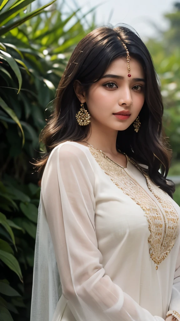 (((desi girl))), chubby face, natural skin, wearing hot deep neck khamir salwar and dupatta, charming black hair, Badi Choti ((hair ends are blonde)) Khet Mein Bada gana Khet background, bokeh