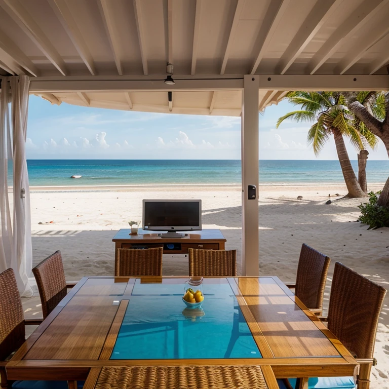 A nice villa with a table that had a computer on it on the beach