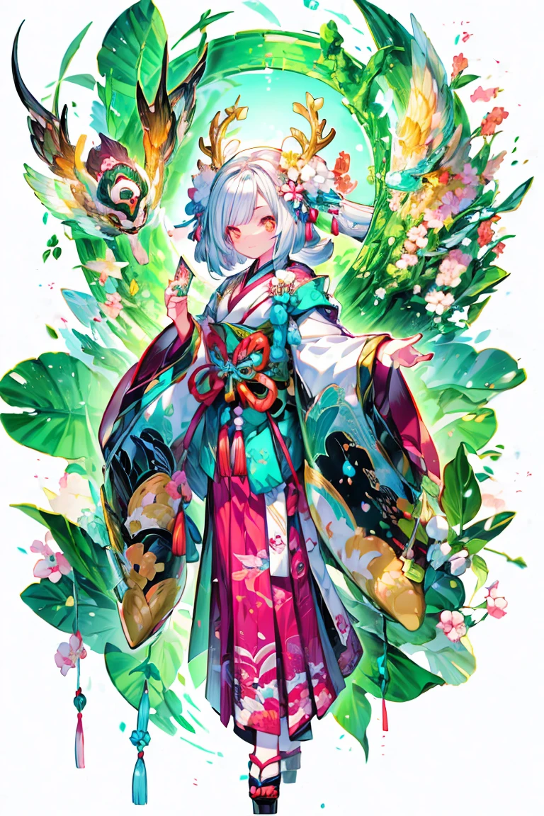 (Masterpiece:1.2)，Best quality，white backgrounid，Bamboo leaves，（1Blittle girl：1.5，Full body standing painting，looking at viewert），deer antlers, Entwined vines, petals, Pink and white clothes，long  skirt，facial closeups，big beatiful eyes，detailed face with，Flashy clothes，Wide_Sleeves，sash，flower，Ethereal panda，Dreamy，Onmyoji detailed art，A beautiful artwork illustration，Beautiful digital artwork，shoes，Footwear, komono, Zephyr elements, Flashy clothes, Traditional oriental art style, Beautiful painting style, ukiyo-style, tmasterpiece, top Quority, best qualtiy, Ultra-high resolution