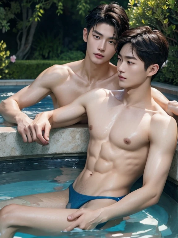 two naked men, A garden with lots of flowers、In the fountain、Wet Skin、Completely naked、blue sky、 shirtless , realistic handsome Korean face , modest muscles , masterpiece、A high resolution、hyperrealism、detailed face、2 men、glowing skin、(Asian)、(young、teenager)、Handsome、detailed background