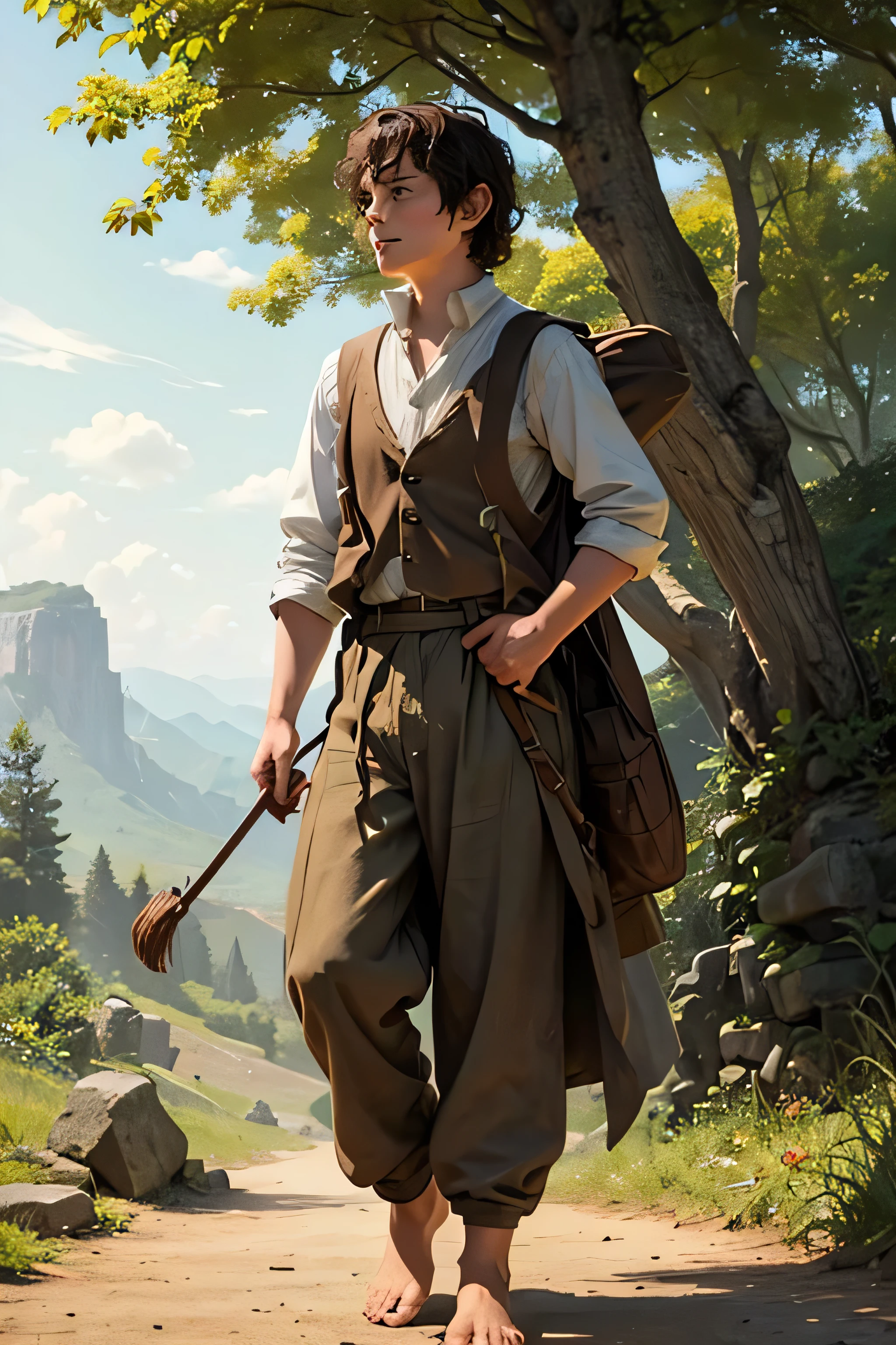 frodo from the lord of the rings, runing, face like elijah wood, frodo's determined look, hobbit's foot (big foot with hair), simple hobbit clothes, r, simple hobbit clothes, , forest scenery brown pants, suspenders on white blouse, brown hobbit vest, bright environment, lit by the sun, brown pants, suspenders on white blouse, brown hobbit vest, not holding anything, empty hands, brown pants, suspenders on the white blouse, brown hobbit vest, not holding anything, hands closed, barefoot, my foot is bigger than normal, a lot of hair on the sole of the foot