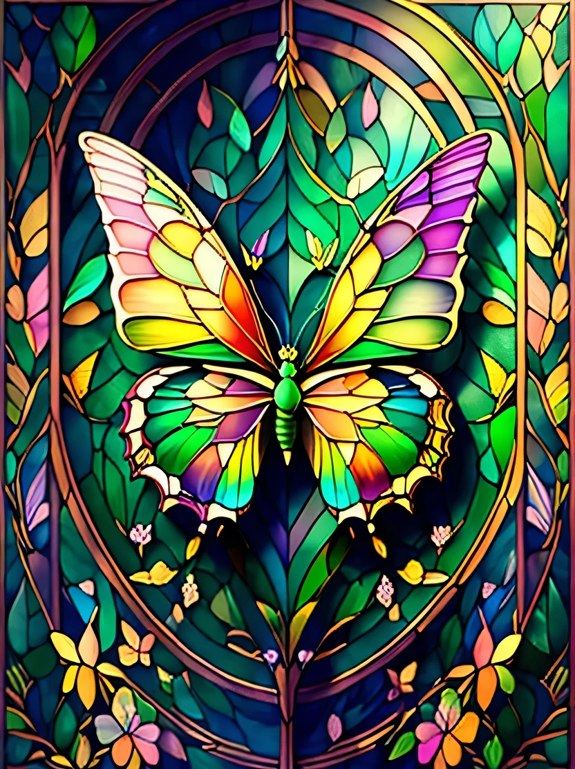 ((masterpiece、highest quality、Very detailed、High resolution、Photorealistic、Sharp focus、Cinema Lighting))、((There is no one))、Rainbow-colored、flying butterflies、wing、green、Complex Texture、pastel colour、Highly detailed modeling、Decorative style、 st41nedg