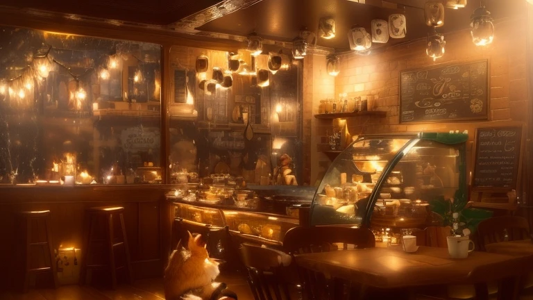 There is a bar with lots of lights hanging from the ceiling., cozy Cafe background, Cozy atmosphere, Fantasy bakery interior, coffee shop, pleasant Cozy atmosphere, Zootopia concept art, Cafe lighting, Cozy atmosphere, Cafe interior, Cafe for mice, miniature Cafe diorama, Detailed Scene, Warm street lamp shop front, hyper Detailed Scene, Cafe, Illustrated Starbucks interior