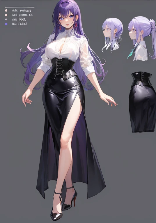 Purple hair,voluminous long hair,Adult female,(suit),See-through shirt,See-through tops,((Roll up your sleeves)),(Corset),(Tight skirt),(high heels),The heel is visible,((Simple background)),Smile,((Full body)),((whole body)),Character Sheet,