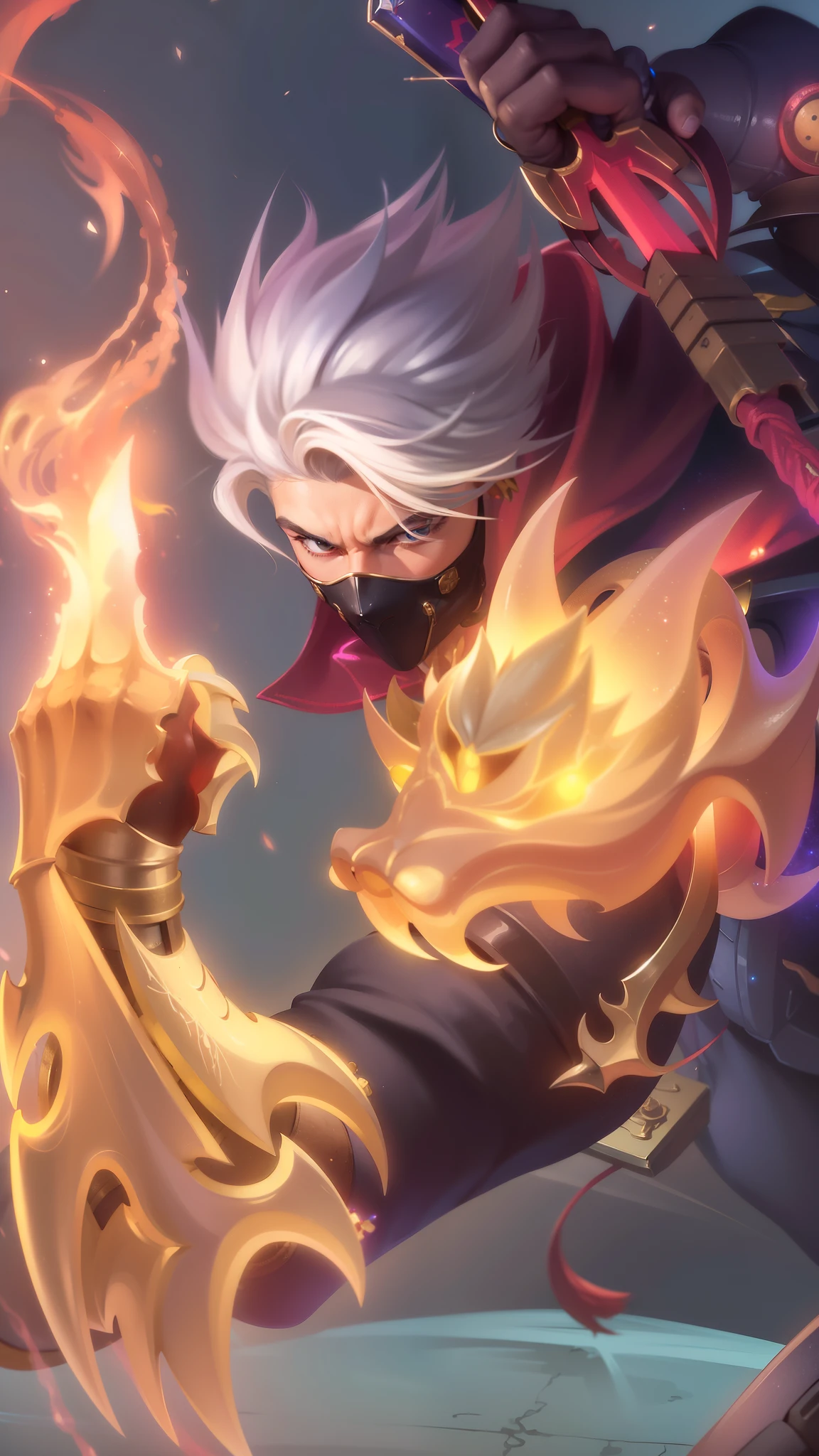 a close up of a boy with a steampunk mask on, velvet background, realistic suit, ezreal (league of legends, realism art, mobile legends, riot game, style league of legends, inspired by Li Shida, fighting game character, tracer, league of legends character, gold paladin, wukong, wild rift, purple and blue color, glow particle, white hair color, realistic suit masterpiece, sword, realistic sword, realism masterpiece, natural lighting, strong realistic texture, strong red eye glow, lots hair