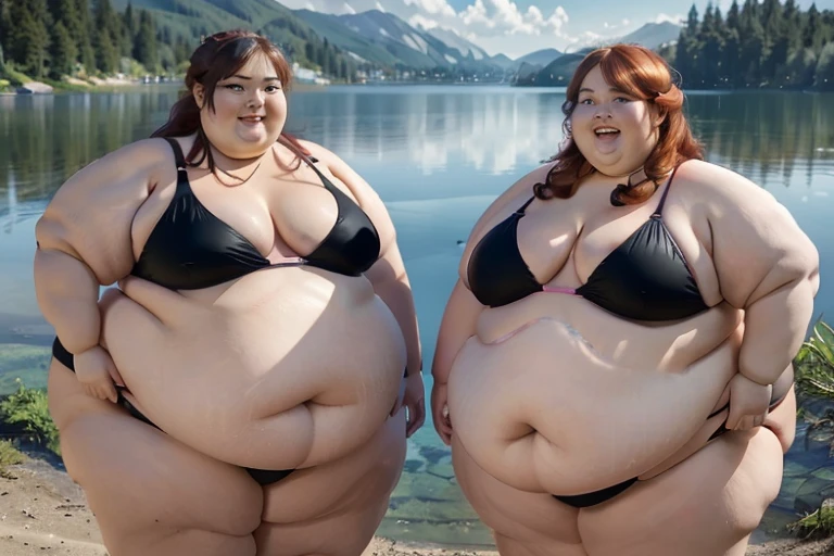 masterpiece, best quality, two obese ssbbw sisters standing next to eachother by a lake, lake, fat, obese, ssbbw, sisters, two characters, (wearing tight bikini), bikini, skimpy bikiny, smiling, young, ???, ((16-years-old)), morbidly obese, blob, immobile, copper hair, wavy hair, twins,, wide-angle shot, shallow depth of field, casual photo, colorful, two people, both equally as fat, both equally as old, ((twins)),