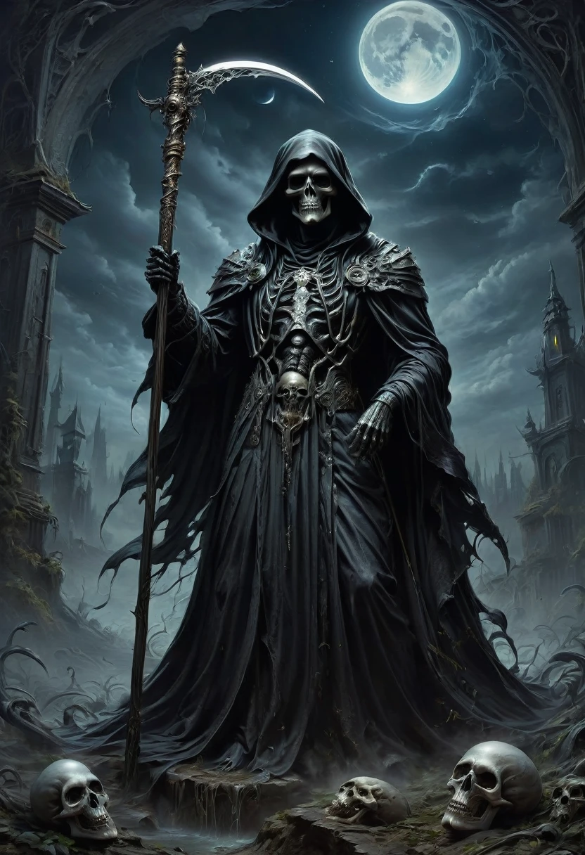 Black Grim Reaper, by fritz lang, best quality, masterpiece, very aesthetic, perfect composition, intricate details, ultra-detailed