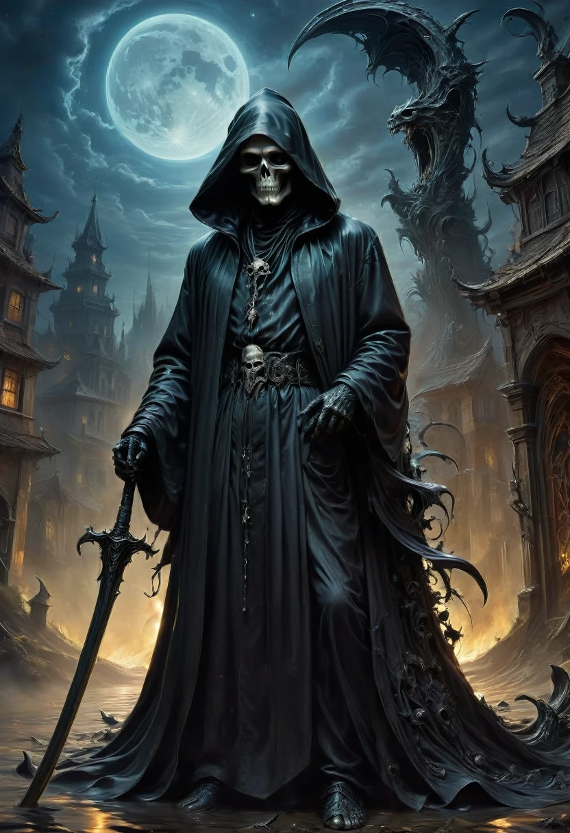 Black Grim Reaper, by fritz lang, best quality, masterpiece, very aesthetic, perfect composition, intricate details, ultra-detailed