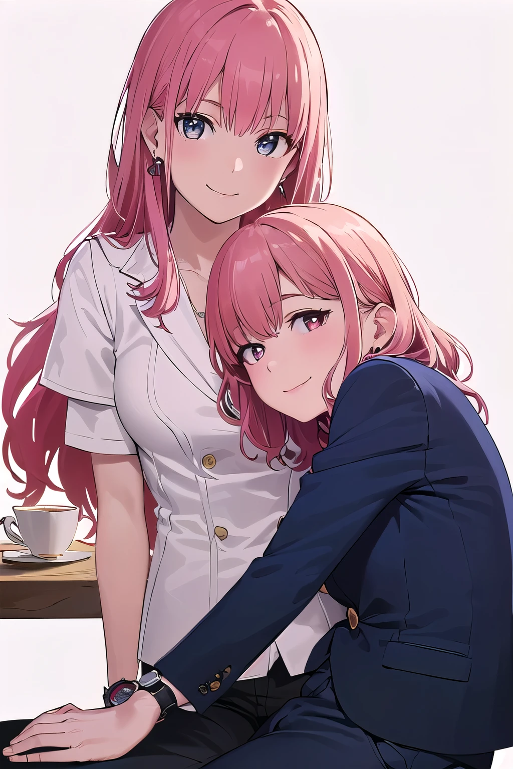 (8K, top-quality, masterpiece:1.2), (reallistic, Photorealsitic:1.37), Super Detail, One girl,), (Highly detailed), (beautifully detailed eyes), (of the highest quality), (super detailed ), (masterpiece), (Detailed face),20yr old, ,1 girl, ((pink hair,long hair)), medium breasts, clothed, Perfect Lighting, BREAK, (navy OL outfit:1.5), (navy color scheme:1.5), (gray accents:1.3), (black accents:1.3), (white details:1.3), (formal attire:1.5), (tailored suit:1.5), (short-sleeved blouse:1.5), (stand collar:1.4), (single-breasted jacket:1.4), (v-neck:1.3), (slim fit pants:1.5), (short length pants:1.4), (tea length hemline:1.4), (pointed toe pumps:1.5), (silvery accessories:1.4), (pearly earrings:1.3), (Black tights: 1.3), (delicate necklace:1.3), (sophisticated watch:1.3), BRAKE, (upper body to knees:1.4), (long pink hair:1.4), (soft waves:1.3), (smile:1.4), (looking at viewer:1.4), (sitting:1.4), (white background:1.4), (soft lighting:1.4), BRAKE

