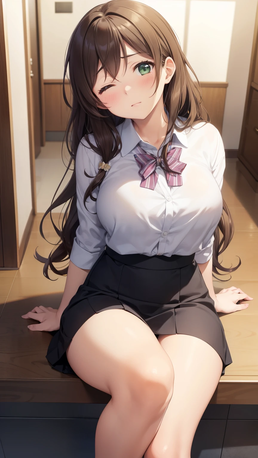 nozomitoujou, nozomi toujou, green eyes, brown hair, curly hair, large breasts, masterpiece, best quality, high resolution, beautiful detailed eyes, extremely detailed face, good lighting, detailed CG, messy hair, blouse, pencil skirt, one eye closed, upset, school corridor, sitting on the floor, leaning back, (knees bent), (legs spread)