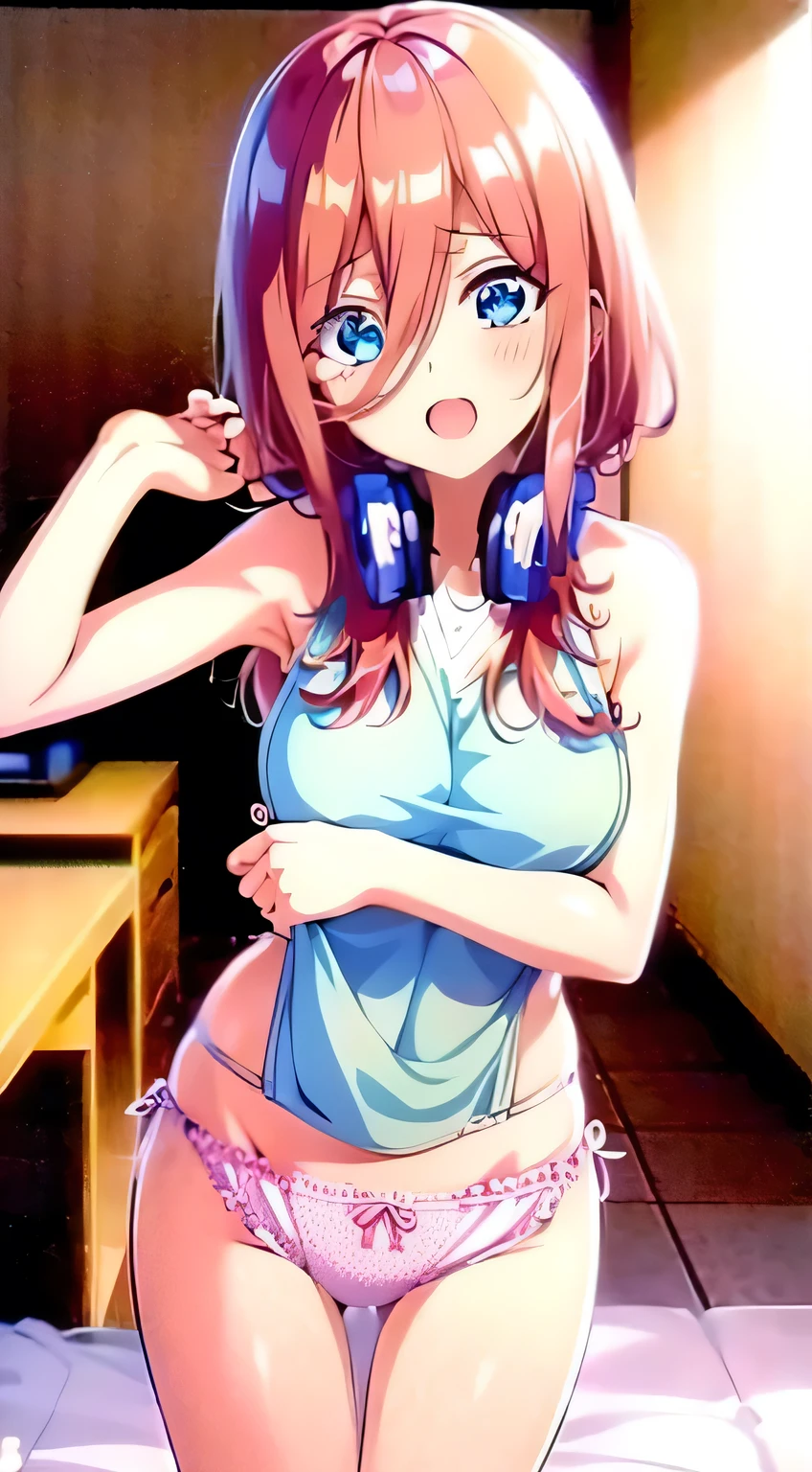 Sexy anime girl (masterpiece, high quality, high res), Nakano Miku (quintessential quintuplets), brown hair, blush, detailed face, small tank top , white translucent panties, wet, mini skirt, hot, on the bed, sexy, horny, sexy, horny mood, on the bed, laying down