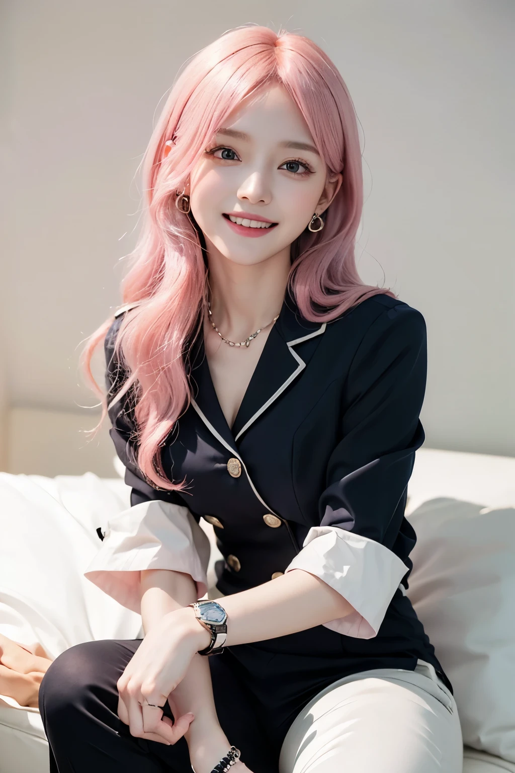 (8K, top-quality, masterpiece:1.2), (reallistic, Photorealsitic:1.37), Super Detail, One girl,), (Highly detailed), (beautifully detailed eyes), (of the highest quality), (super detailed ), (masterpiece), (Detailed face),20yr old, ,1 girl, ((pink hair,long hair)), medium breasts, clothed, Perfect Lighting, BREAK, (navy OL outfit:1.5), (navy color scheme:1.5), (gray accents:1.3), (black accents:1.3), (white details:1.3), (formal attire:1.5), (tailored suit:1.5), (short-sleeved blouse:1.5), (stand collar:1.4), (single-breasted jacket:1.4), (v-neck:1.3), (slim fit pants:1.5), (short length pants:1.4), (tea length hemline:1.4), (pointed toe pumps:1.5), (silvery accessories:1.4), (pearly earrings:1.3), (Black tights: 1.3), (delicate necklace:1.3), (sophisticated watch:1.3), BRAKE, (upper body to knees:1.4), (long pink hair:1.4), (soft waves:1.3), (smile:1.4), (looking at viewer:1.4), (sitting:1.4), (white background:1.4), (soft lighting:1.4), BRAKE