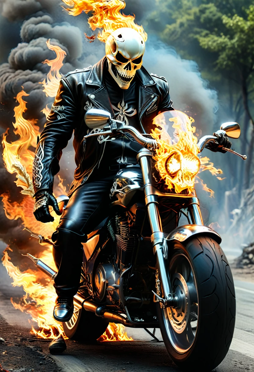 Ghost Rider, fire, motorcycle, (masterpiece, best quality, Professional, perfect composition, very aesthetic, absurdres, ultra-detailed, intricate details:1.3)