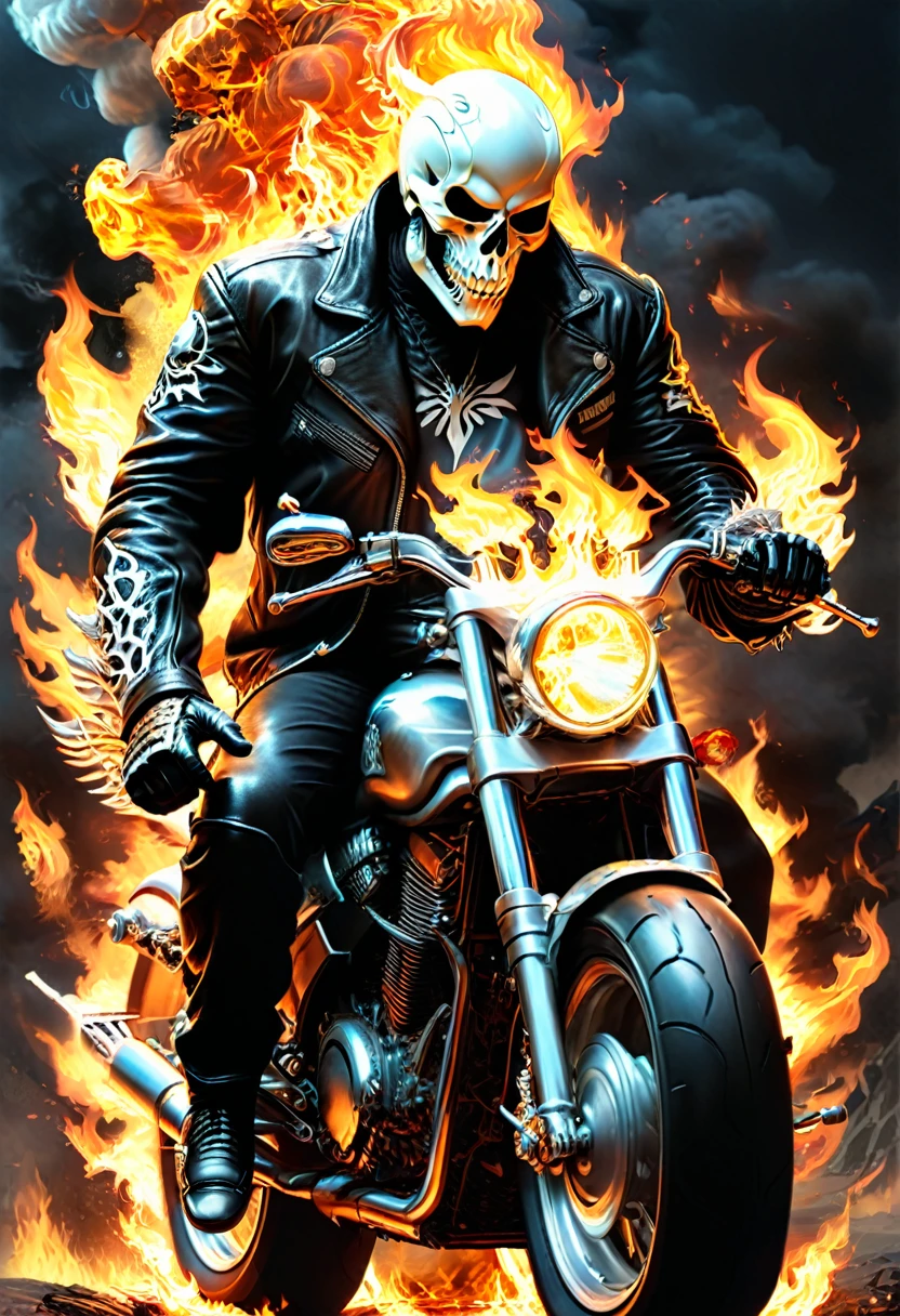 Ghost Rider, fire, motorcycle, (masterpiece, best quality, Professional, perfect composition, very aesthetic, absurdres, ultra-detailed, intricate details:1.3)