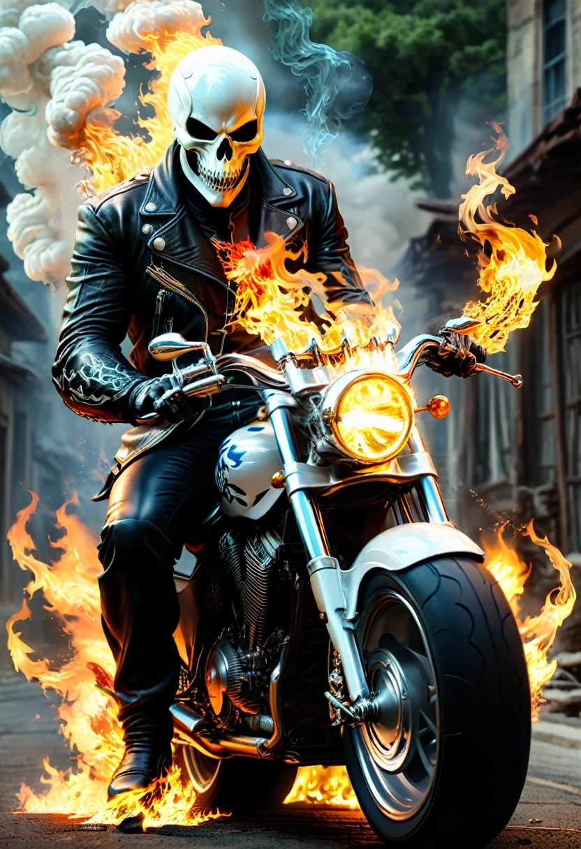 Ghost Rider, fire, motorcycle, (masterpiece, best quality, Professional, perfect composition, very aesthetic, absurdres, ultra-detailed, intricate details:1.3)