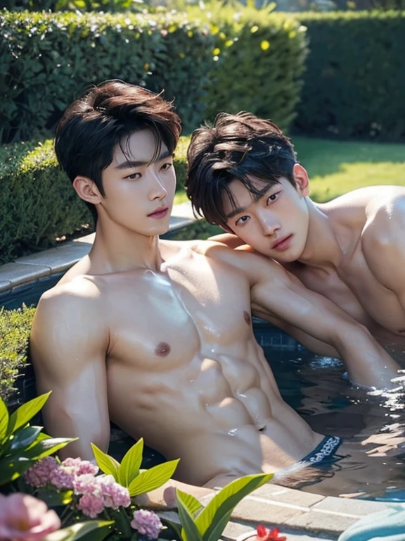two naked men, A garden with lots of flowers、In the fountain、Wet Skin、Completely naked、blue sky、 shirtless , realistic handsome Korean face , modest muscles , masterpiece、A high resolution、hyperrealism、detailed face、2 men、glowing skin、(Asian)、(young、ager)、Handsome、detailed background