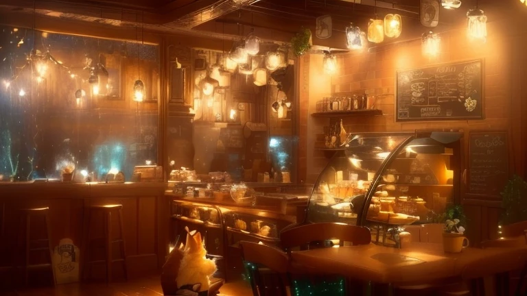 There is a bar with lots of lights hanging from the ceiling., cozy Cafe background, Cozy atmosphere, Fantasy bakery interior, coffee shop, pleasant Cozy atmosphere, Zootopia concept art, Cafe lighting, Cozy atmosphere, Cafe interior, Cafe for mice, miniature Cafe diorama, Detailed Scene, Warm street lamp shop front, hyper Detailed Scene, Cafe, Illustrated Starbucks interior