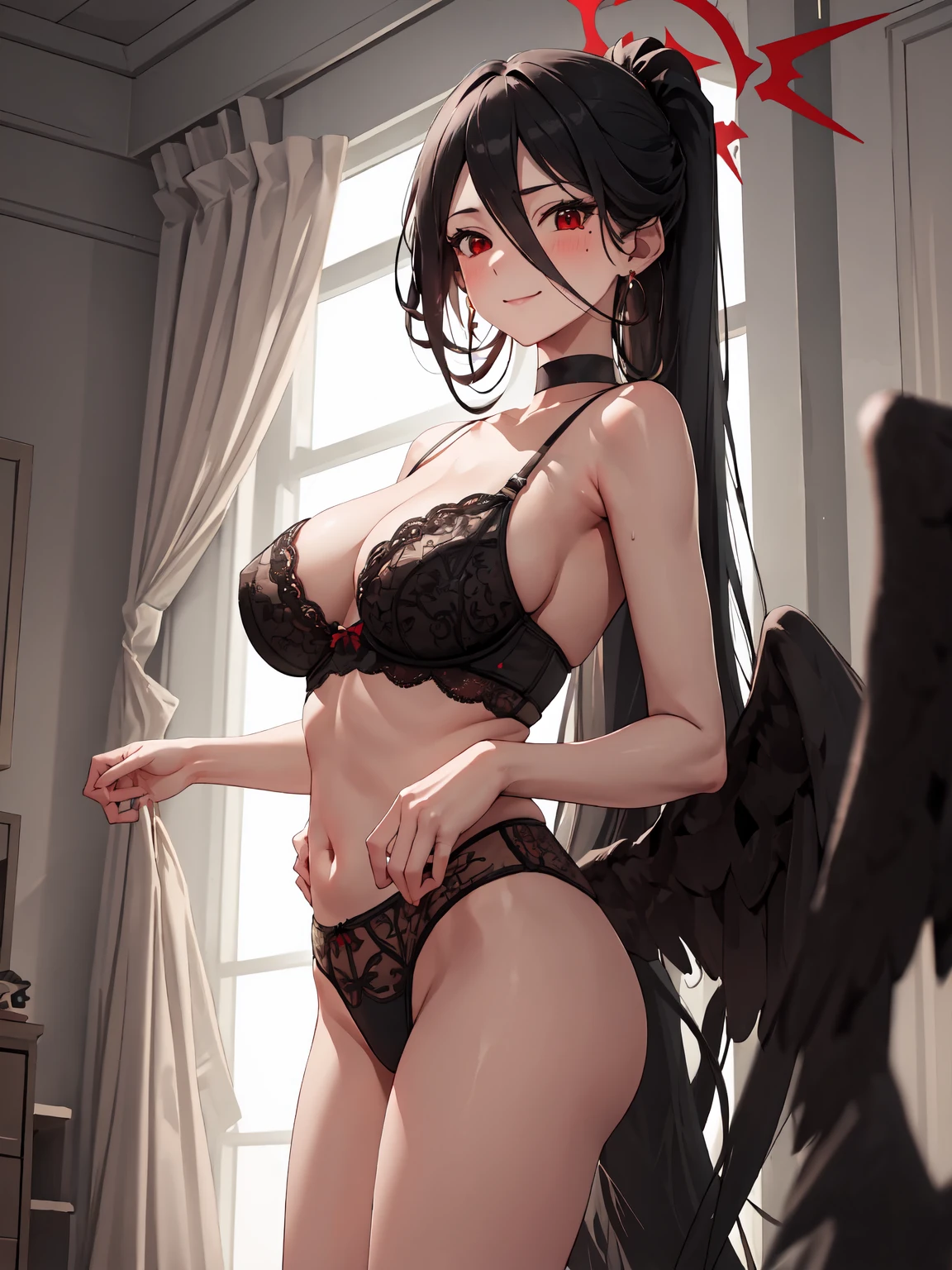 (SFW), (safe:1.10), masterpiece, best quality, highres, 1girl, solo, (hasumi_bluearchive:1.10), standing, dynamic poses, cowboy shot, looking at the viewer, earrings, large breasts, ((black lingerie, see-through)), blush, smile, closed mouth, indoors, bedroom, soft lighting