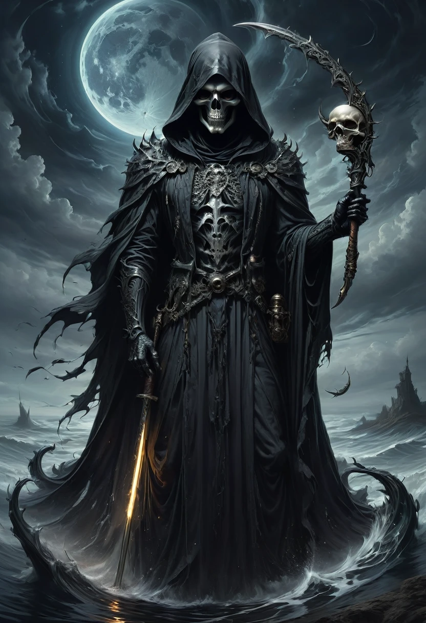 Black Grim Reaper, by Nicolas Delort, best quality, masterpiece, very aesthetic, perfect composition, intricate details, ultra-detailed