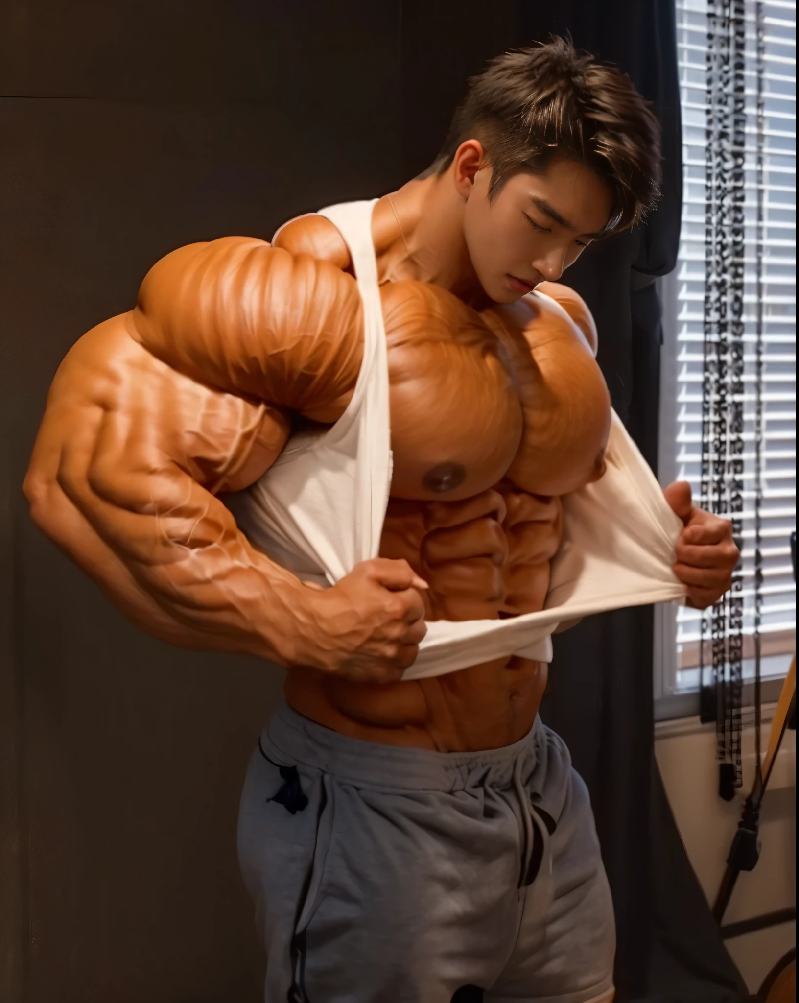 (masterpiece), ((cute korean guy:1.4)), a giant asian guy, handsome korean guy, wearing tight brief, ((wearing brief)), (massive pec muscles:1.3), very big muscles, massive muscles, (big chest muscles:1.2), ((big bulge)), perfect hands, muscles, abs, hd, 8k, perspective, small room,