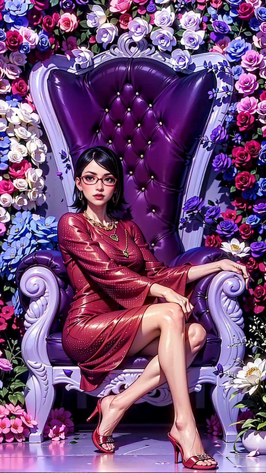 (1girl, Alone, alone), (WakatsukiRisa, sarada uchiha, black hair, short hair, Black eyes, red glasses), ((Alone, (1woman,pink lipstick, Black eyes), extremely detailed , Soft ambient lighting, 4K, perfect eyes, a perfect face, Perfect Lighting, the 1 girl)), ((fitness, , shapely body, athletic body, toned body)) , ((red dress, polka dot dress, sitting, purple throne, sitting on a throne, queen, high heels, flower wall, Gold jewelry, sapphire necklace, emerald earrings, onyx jewelry, majestic))