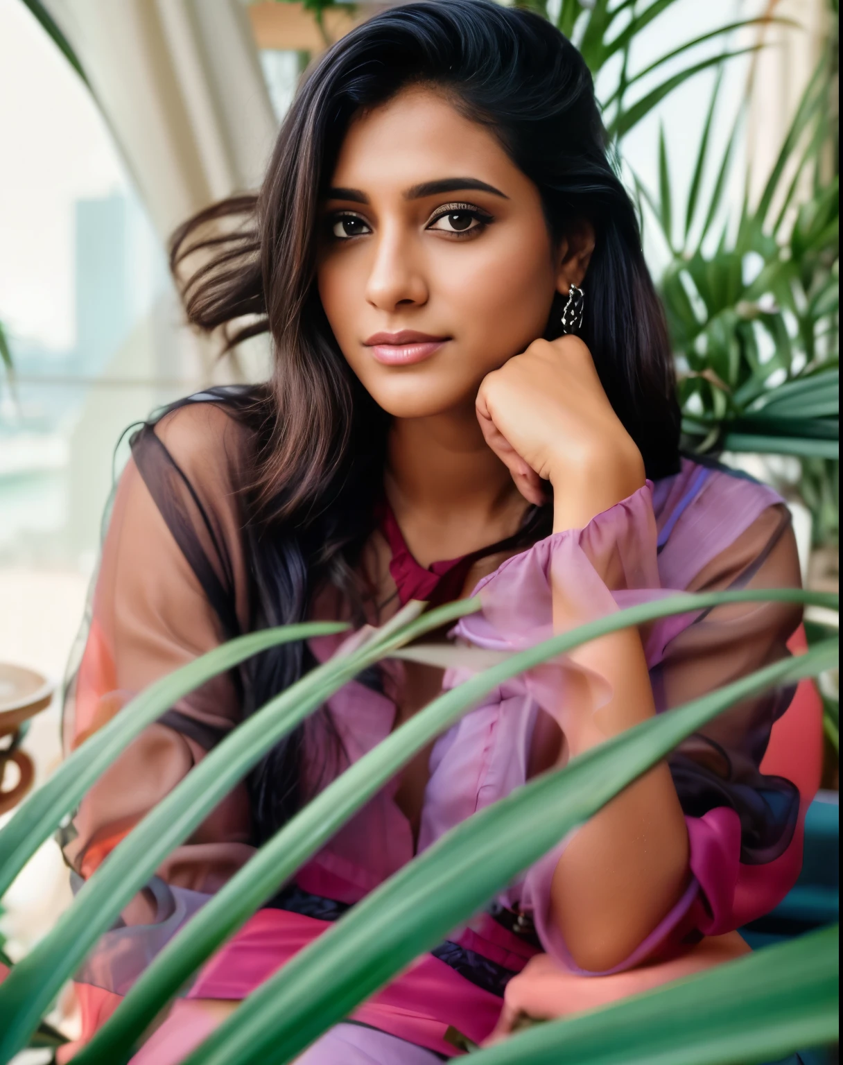 (editorial photograph of a young Indian woman), karla ortiz, (highly detailed face:1.4) (smile:0.7) (backround 5 star hotel , moody, private study:1.3) POV, by lee jeffries, nikon d850, film stock photograph ,4 kodak portra 400 ,camera f1.6 lens ,rich colors ,hyper realistic ,lifelike texture, dramatic lighting , cinestill 800, realistic, wearing Black dobby weave self design fit & flare dress Sweetheart neck Short, puff sleeve Tie-up detail on back Above knee length in flounce hem Attached Lining Chiffon fabric, actress, karla ortiz, posing!!, candid picture, by Max Dauthendey,