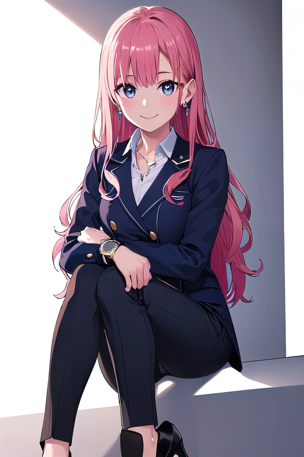 (8K, top-quality, masterpiece:1.2), (reallistic, Photorealsitic:1.37), Super Detail, One girl,), (Highly detailed), (beautifully detailed eyes), (of the highest quality), (super detailed ), (masterpiece), (Detailed face),20yr old, ,1 girl, ((pink hair,long hair)), medium breasts, clothed, Perfect Lighting, BREAK, (navy outfit:1.5), (navy color scheme:1.5), (gray accents:1.3), (black accents:1.3), (white details:1.3), (formal attire:1.5), (tailored suit:1.5), (short-sleeved blouse:1.5), (stand collar:1.4), (single-breasted jacket:1.4), (v-neck:1.3), (slim fit pants:1.5), (short length pants:1.4), (tea length hemline:1.4), (pointed toe pumps:1.5), (silvery accessories:1.4), (pearly earrings:1.3), (Black tights: 1.3), (delicate necklace:1.3), (sophisticated watch:1.3), BRAKE, (upper body to knees:1.4), (long pink hair:1.4), (soft waves:1.3), (smile:1.4), (looking at viewer:1.4), (sitting:1.4), (white background:1.4), (soft lighting:1.4), BRAKE