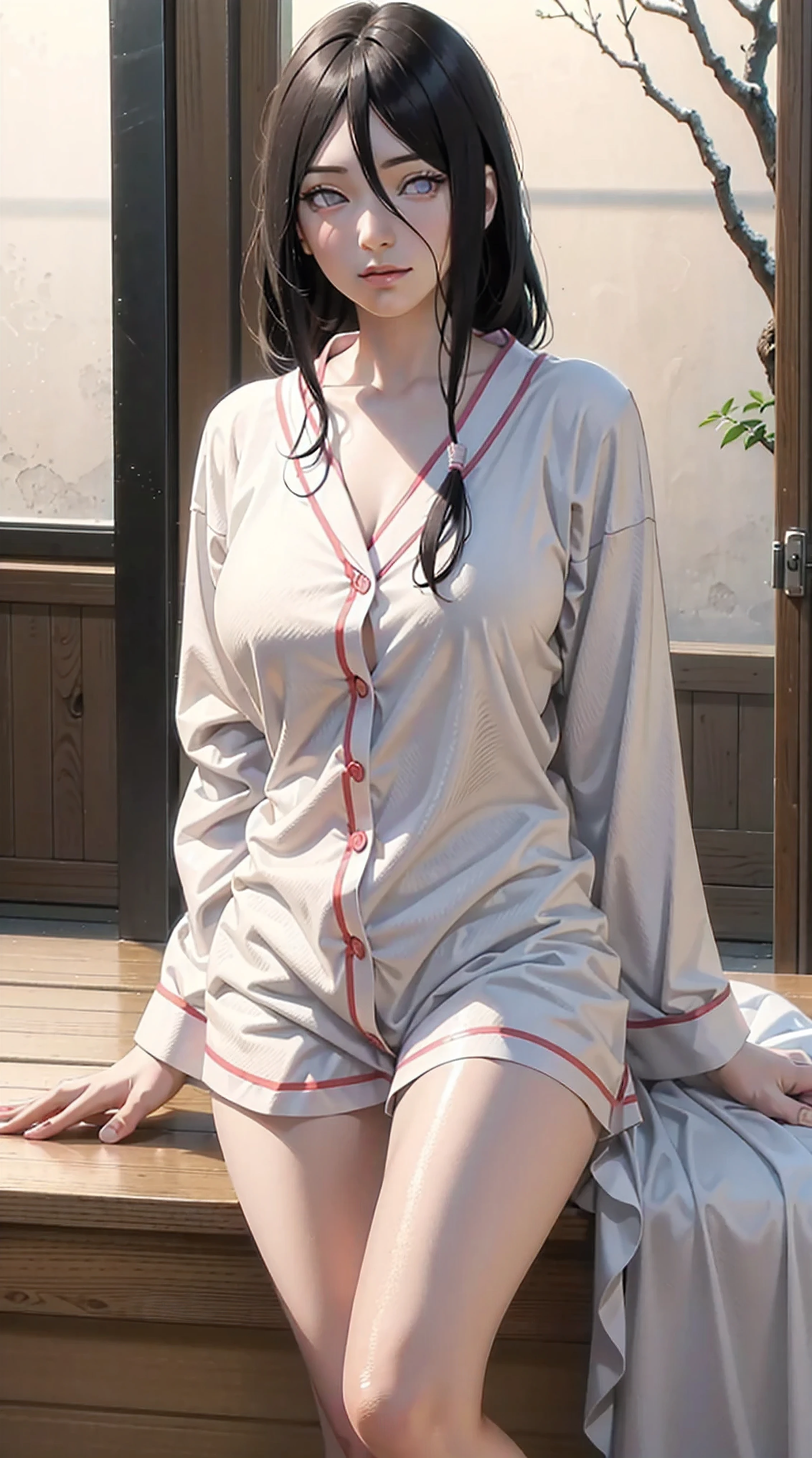 hyuuga hanabi, long hair tied low, hair band, hana purple eyes, beautiful, beautiful woman, perfect body, perfect breasts, wearing white pajamas, sexy pajamas, sleepwear, sitting in the kitchen, clear kitchen, looking at the audience, a slight smile, realism, masterpiece , textured leather, super detail, high detail, high quality, best quality, 1080p, 16k