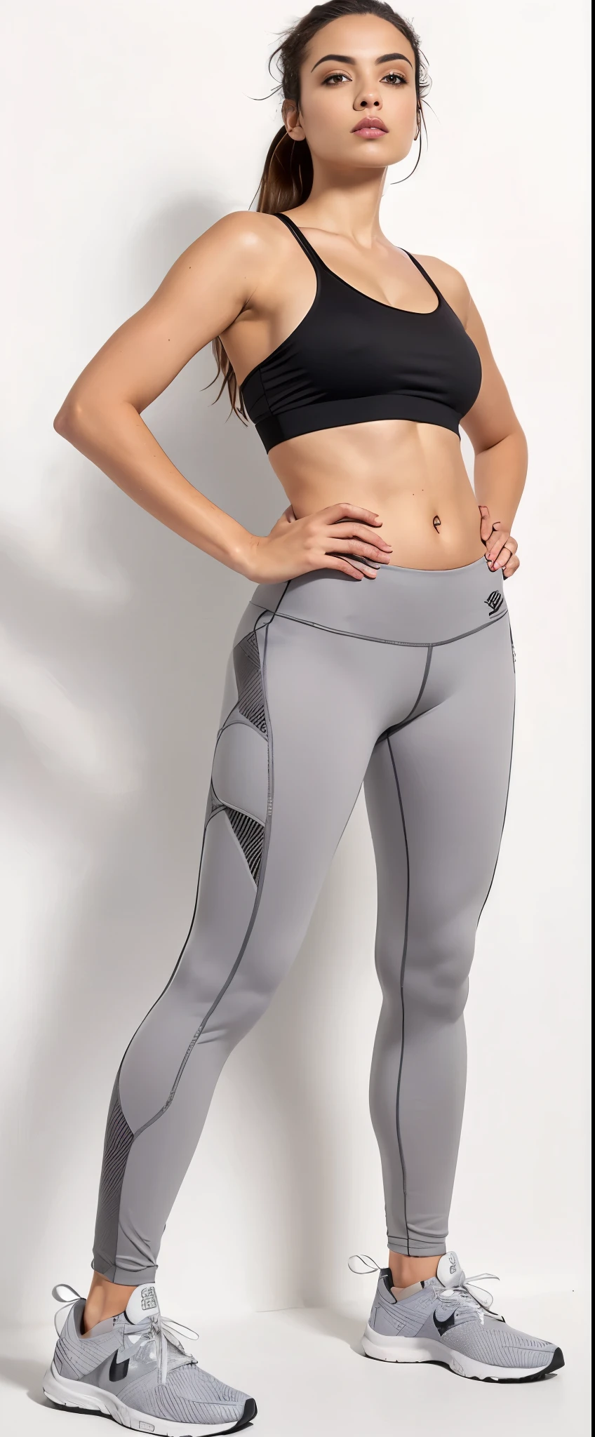 a woman in a black sports bra top and grey perneiras, perneiras, perneiras, Corte Yoga Curto, pants, apertados, apertados, ajuste figura delicada, upper and corpo lento, vsx, traseiro bem tonificado, com dois bolsos frontais, pants esportivas, COSTAS ARQUEADAS, apertado, corpo lento, white perneiras, Detalhe de corpo alto