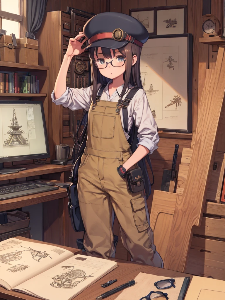 steampunk。highest quality。masterpiece。Detailed explanation。One Girl。Glasses、Engineer Girl。Engineer Hat。Overalls。A room in the workshop。Standing next to the mysterious machine tool。One hand resting on a desk cluttered with measuring equipment and drawings。who should look&#39;Watching。(Strong smile)。(Angle looking down on the girl from the ceiling)。
