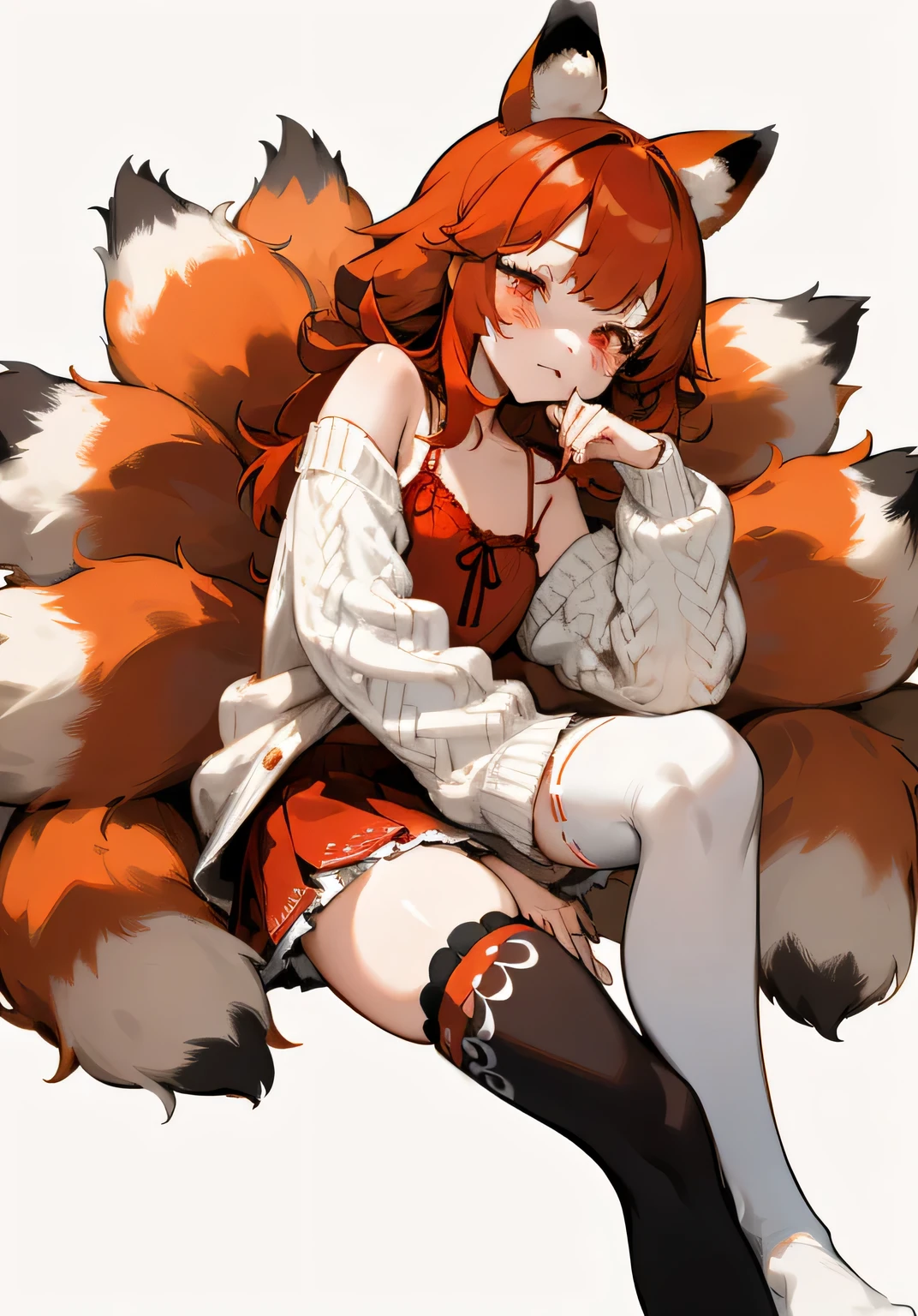 1GIRL, cute girl, finely detailed, (best quality), (intricate details), cute style, vtuber style, red panda style, sleepy style, multicolored, ((medium length red hair)), ((red panda ears)), ((red panda tail)), ((nine tails)), best quality, ((red and white clothes)), ((giant oversized cardigan, lacey cami top, short skirt)), ((thigh high socks)), ((round eyes)), beautiful face, sleepy eyes, cute face, pinup, perfect face, simple background portrait