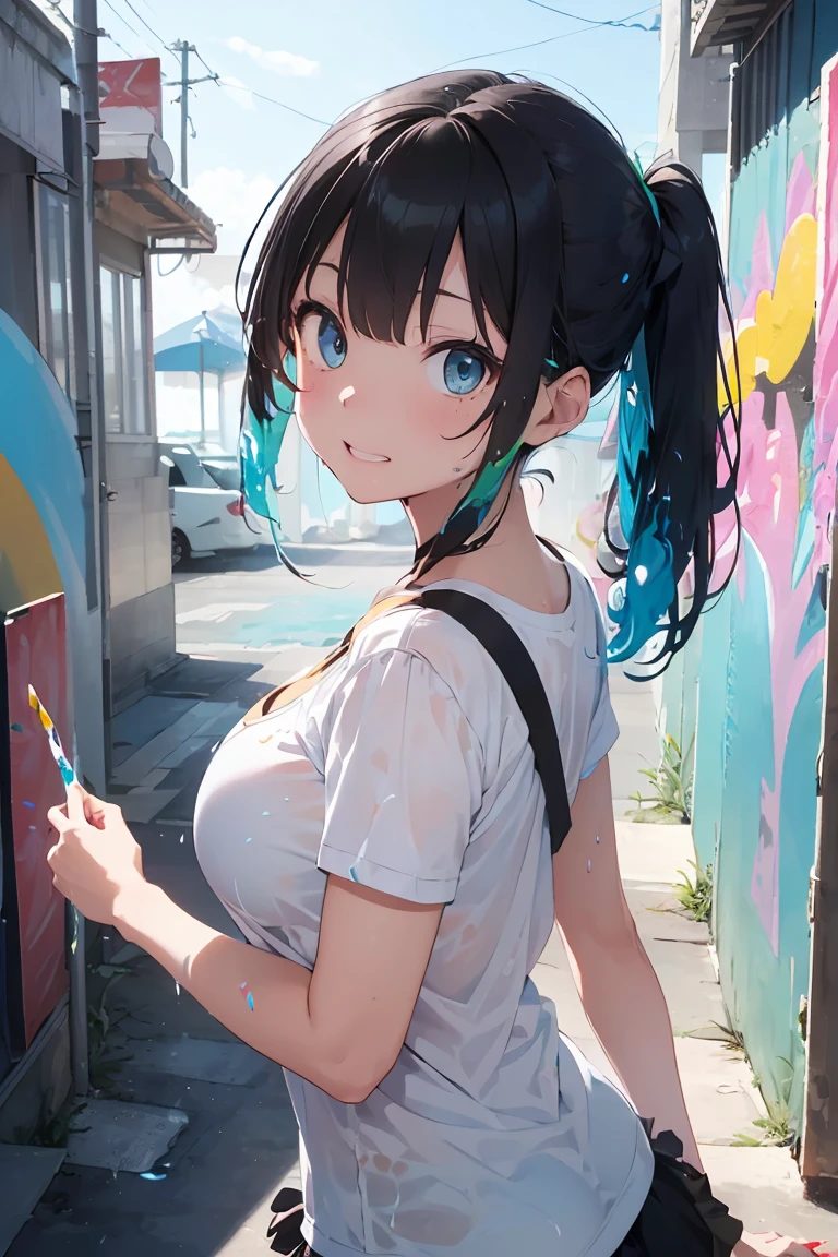 (((Beach))), Blue pastel hair, ((T-Shirts)), Morning sky, Anime Girls,(Sexy ass), peace sign,Grinning face, (Big Breasts:1.2),((Upward glance:1.3, Perfect Eyes , レインボーは超detailedなGradient Eyeを輝かせます:1.1, Gradient Eye:1, Beautiful detailed eyes:1, Symmetrical eyes:1, Big Eye Highlights:1.2)), (Open your mouth), teeth, (White skin: 1.5, Sunburned skin, very White skin, Bright body, Visual Tranceのイラスト, Visual Trance, psychedelic art style, Neon Color Theme, (masterpiece), (Complex), 8k, highest quality, (Visual Strength: 1.5),
(liquid paint hair:1.1) ,(Neon colored hair), ((Painted、Defying Gravity,Thick flow),(Paint splashes:1.3), (Shiny Hair: 1.3), (Bright colors), Embarrassing,Centered,Three-part method, Colorful Themes, Splash paint play, Beautiful light, Colorful light particles,High contrast in clothing, Color Splash, Color Drawing Wall, Complex detailed, Exposure Blending, High resolution, (Graffiti art),more_detailed:0.5,