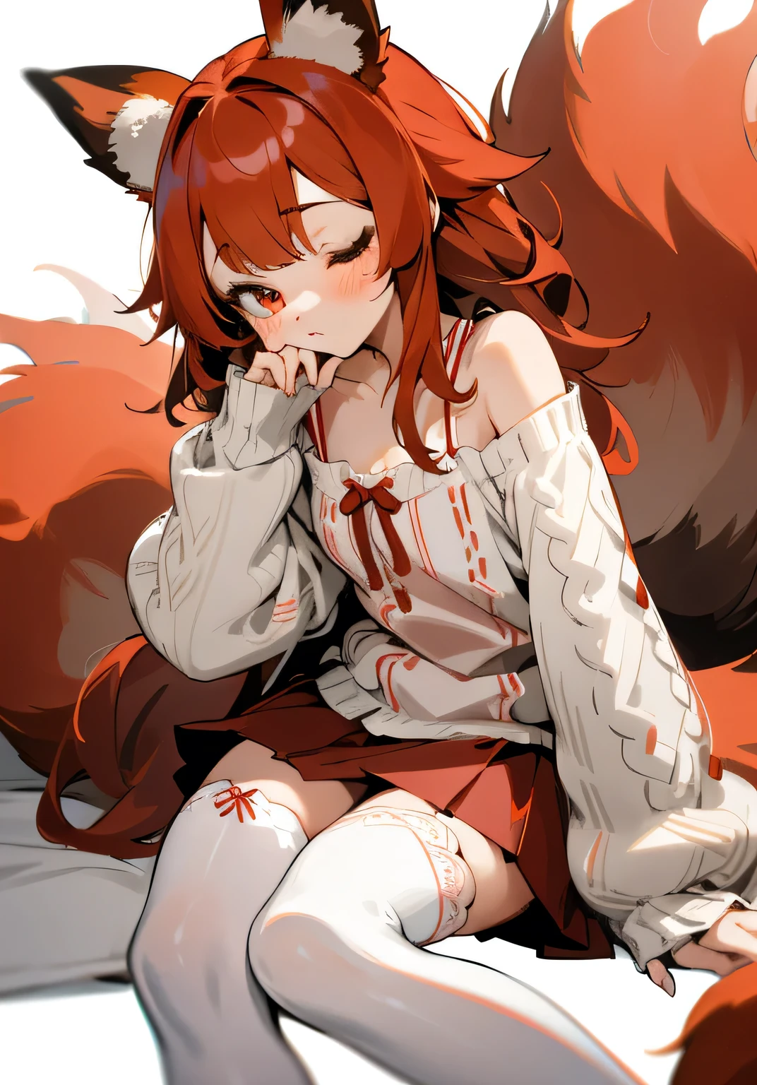 1GIRL, cute girl, finely detailed, (best quality), (intricate details), cute style, vtuber style, red panda style, sleepy style, multicolored, ((medium length red hair)), ((red panda ears)), ((red panda tail)), ((nine tails)), best quality, ((red and white clothes)), ((giant oversized cardigan, lacey cami top, short skirt)), ((thigh high socks)), ((round eyes)), beautiful face, sleepy eyes, cute face, pinup, perfect face, simple background portrait